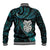 New Zealand Aotearoa Baseball Jacket Maori Wheku Paua Shell Glitter Turquoise