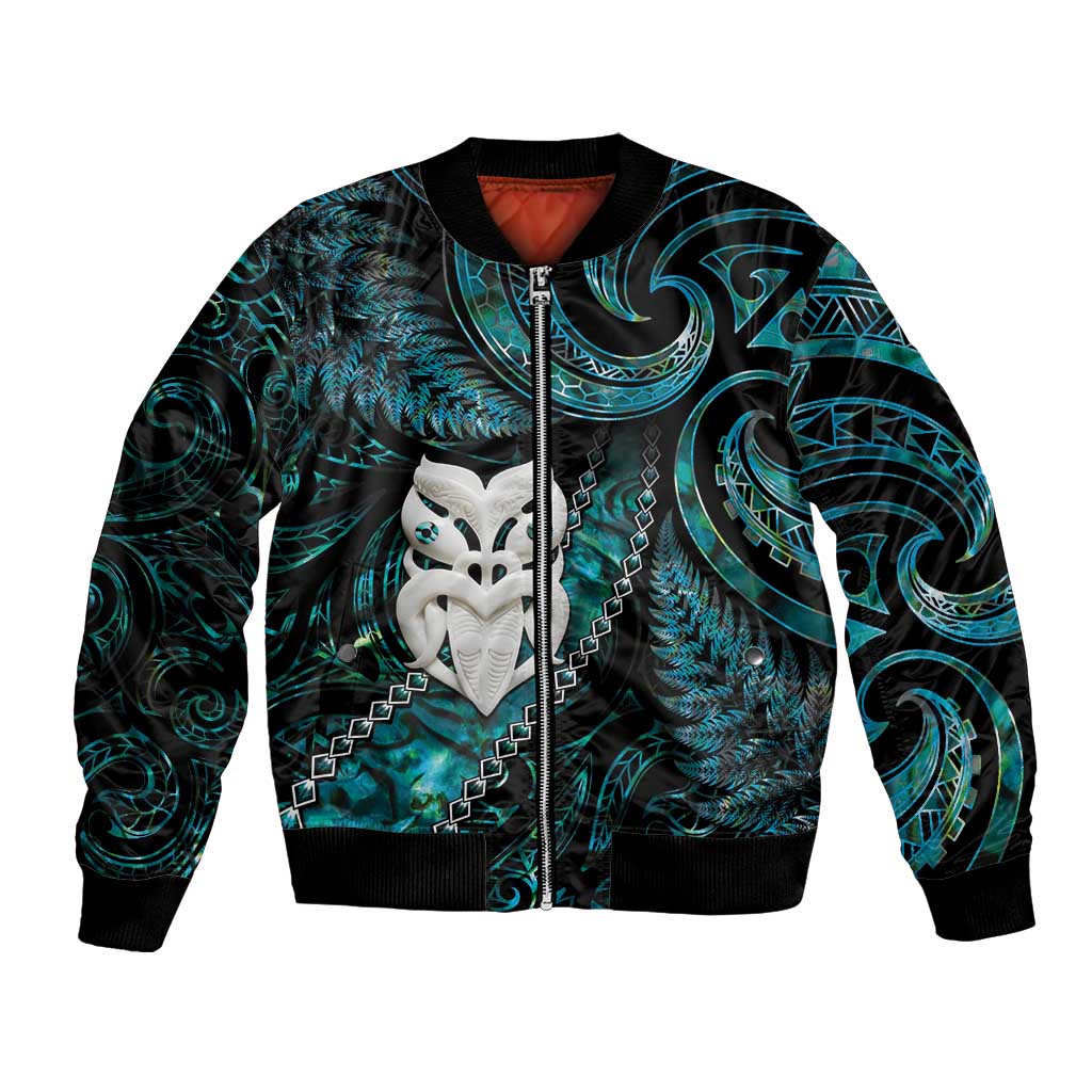 New Zealand Aotearoa Bomber Jacket Maori Wheku Paua Shell Glitter Turquoise LT05 Unisex Turquoise - Polynesian Pride