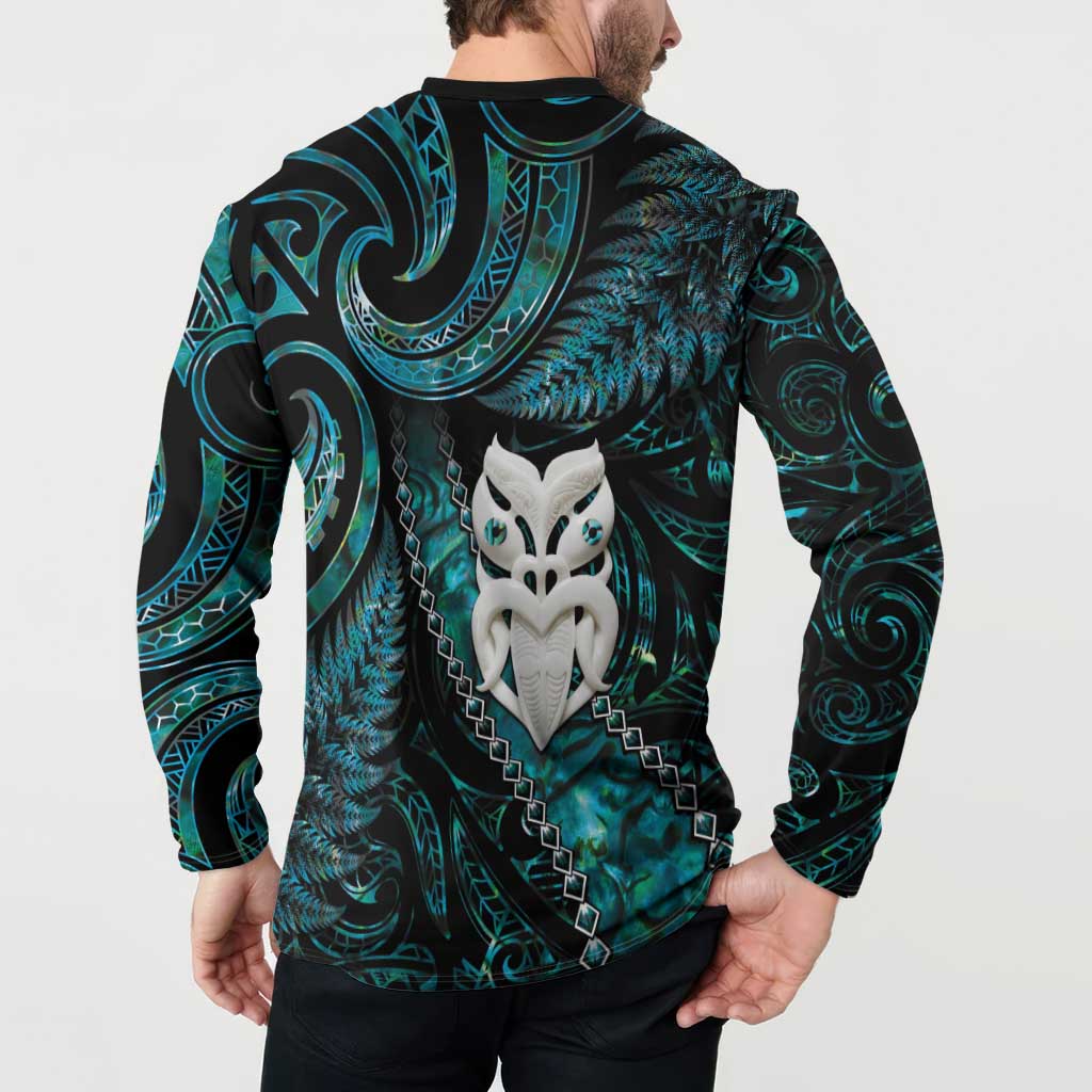 New Zealand Aotearoa Button Sweatshirt Maori Wheku Paua Shell Glitter Turquoise LT05 - Polynesian Pride