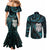 New Zealand Aotearoa Couples Matching Mermaid Dress and Long Sleeve Button Shirt Maori Wheku Paua Shell Glitter Turquoise