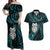 New Zealand Aotearoa Couples Matching Off Shoulder Maxi Dress and Hawaiian Shirt Maori Wheku Paua Shell Glitter Turquoise