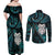 New Zealand Aotearoa Couples Matching Off Shoulder Maxi Dress and Long Sleeve Button Shirt Maori Wheku Paua Shell Glitter Turquoise