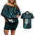 New Zealand Aotearoa Couples Matching Off Shoulder Short Dress and Hawaiian Shirt Maori Wheku Paua Shell Glitter Turquoise