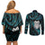 New Zealand Aotearoa Couples Matching Off Shoulder Short Dress and Long Sleeve Button Shirt Maori Wheku Paua Shell Glitter Turquoise