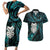 New Zealand Aotearoa Couples Matching Short Sleeve Bodycon Dress and Hawaiian Shirt Maori Wheku Paua Shell Glitter Turquoise