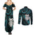 New Zealand Aotearoa Couples Matching Summer Maxi Dress and Long Sleeve Button Shirt Maori Wheku Paua Shell Glitter Turquoise