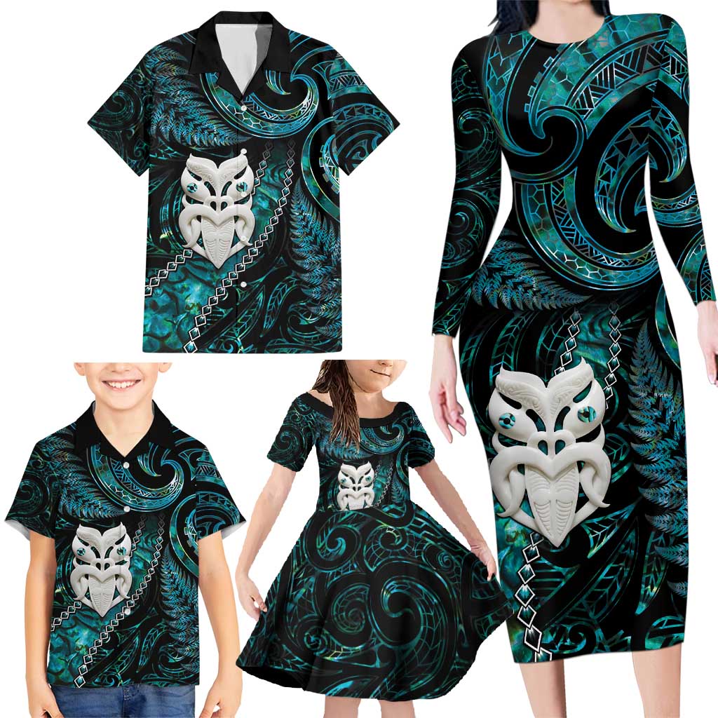 New Zealand Aotearoa Family Matching Long Sleeve Bodycon Dress and Hawaiian Shirt Maori Wheku Paua Shell Glitter Turquoise