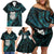 New Zealand Aotearoa Family Matching Off Shoulder Short Dress and Hawaiian Shirt Maori Wheku Paua Shell Glitter Turquoise