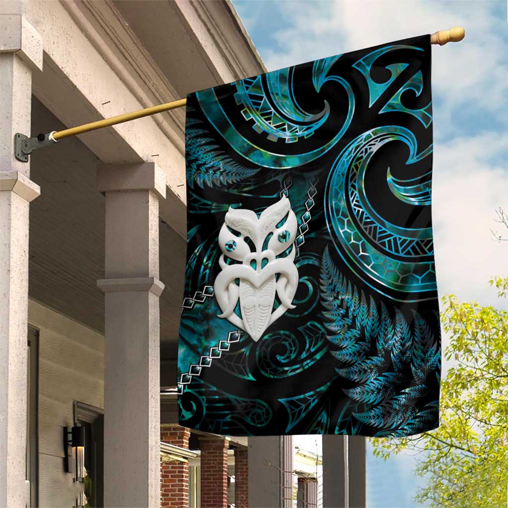 New Zealand Aotearoa Garden Flag Maori Wheku Paua Shell Glitter Turquoise LT05 House Flag Turquoise - Polynesian Pride