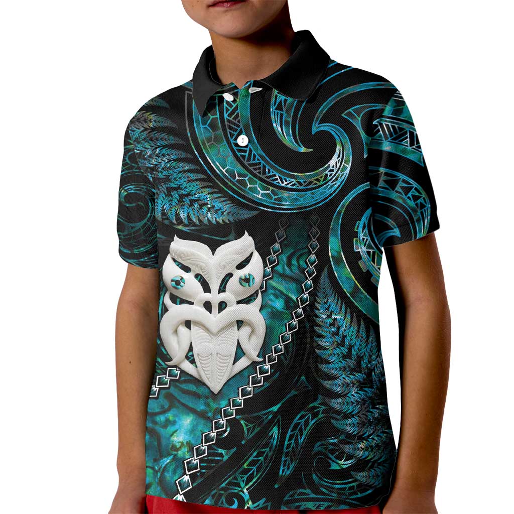 New Zealand Aotearoa Kid Polo Shirt Maori Wheku Paua Shell Glitter Turquoise LT05 Kid Turquoise - Polynesian Pride