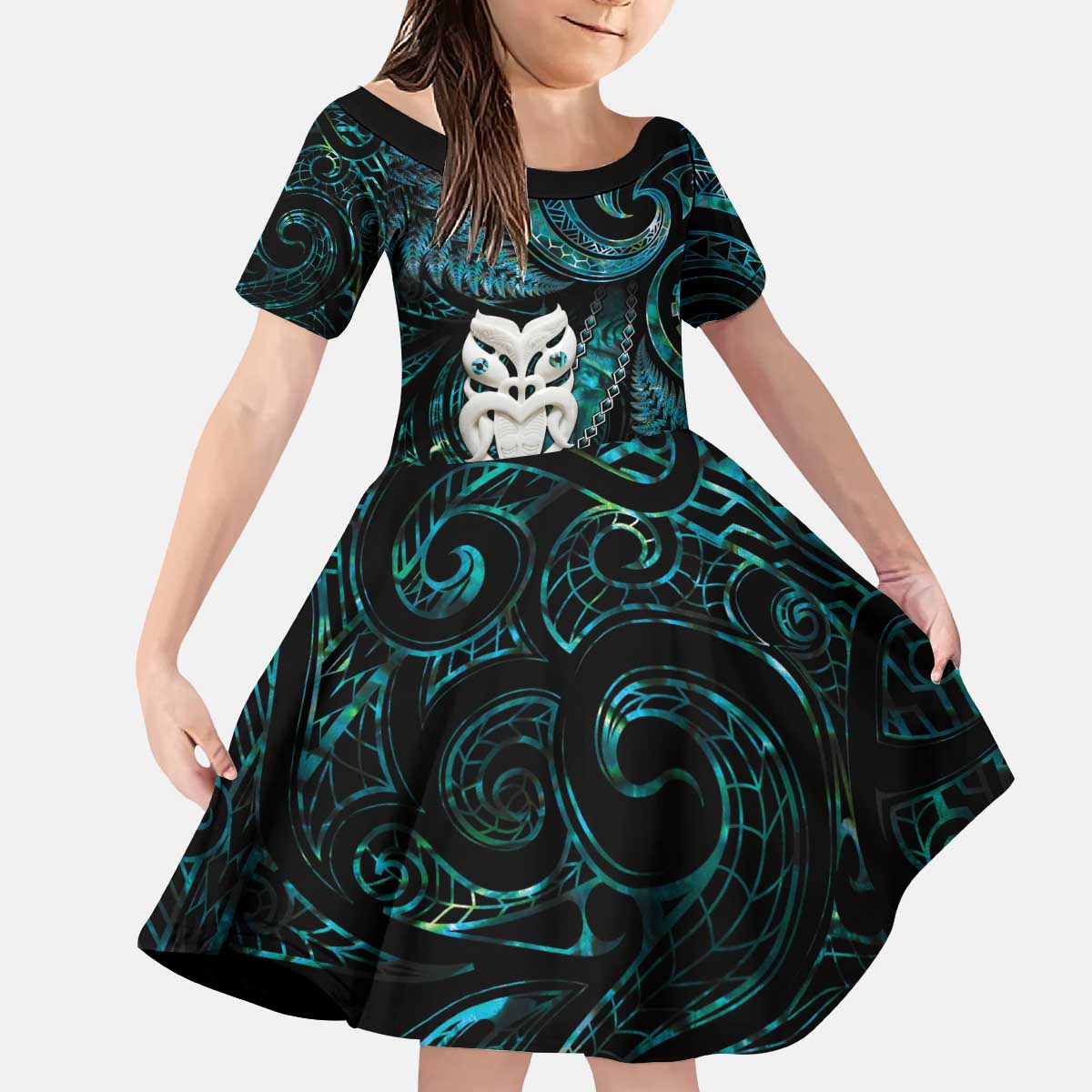New Zealand Aotearoa Kid Short Sleeve Dress Maori Wheku Paua Shell Glitter Turquoise LT05 KID Turquoise - Polynesian Pride