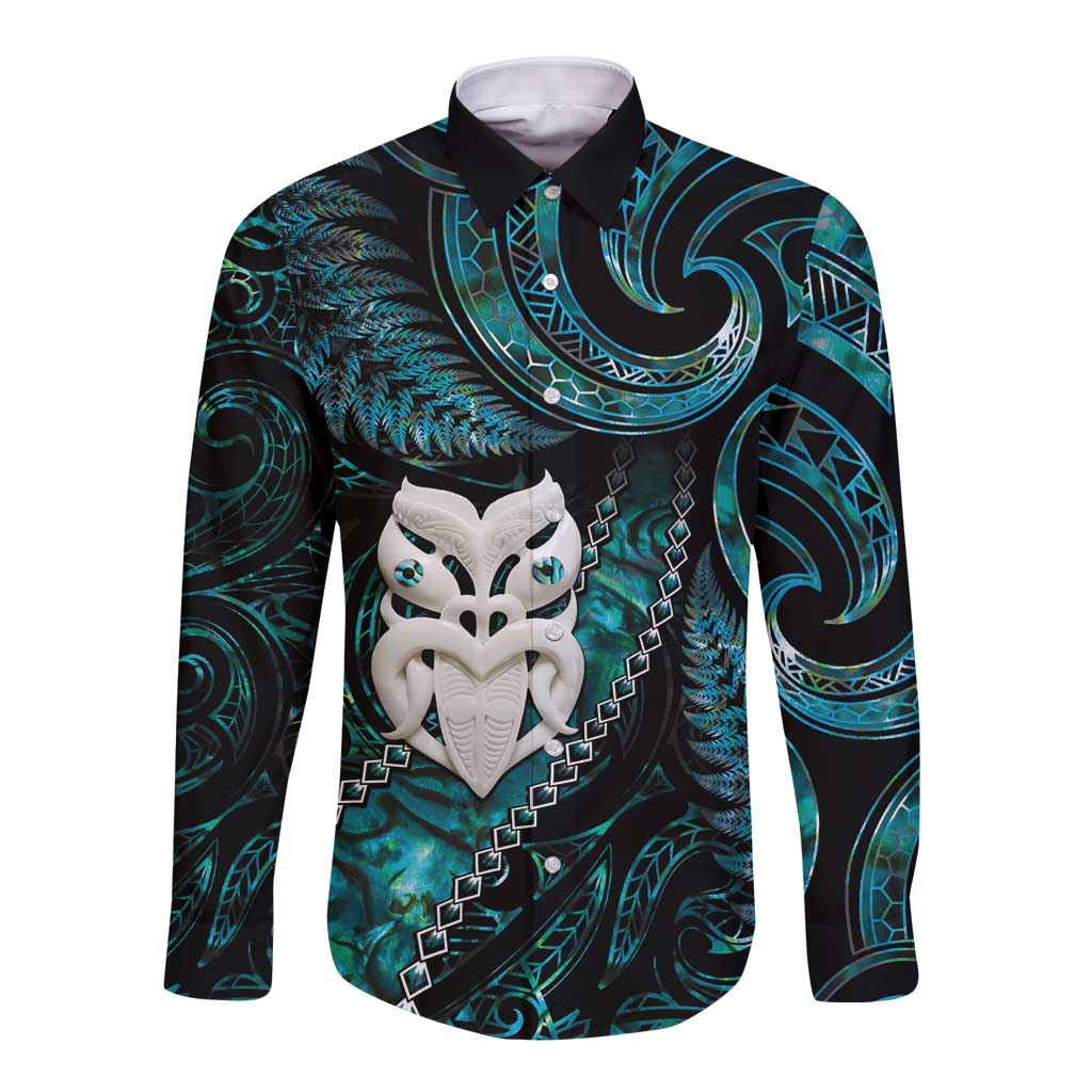 New Zealand Aotearoa Long Sleeve Button Shirt Maori Wheku Paua Shell Glitter Turquoise LT05 Unisex Turquoise - Polynesian Pride