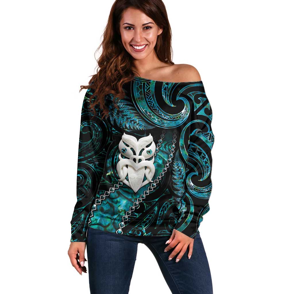 New Zealand Aotearoa Off Shoulder Sweater Maori Wheku Paua Shell Glitter Turquoise LT05 Women Turquoise - Polynesian Pride