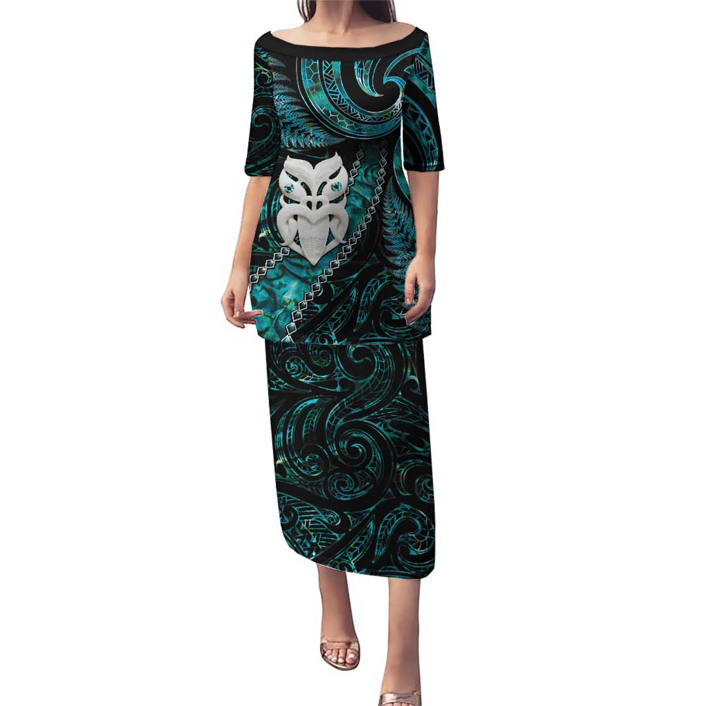 New Zealand Aotearoa Puletasi Maori Wheku Paua Shell Glitter Turquoise LT05 Long Dress Turquoise - Polynesian Pride