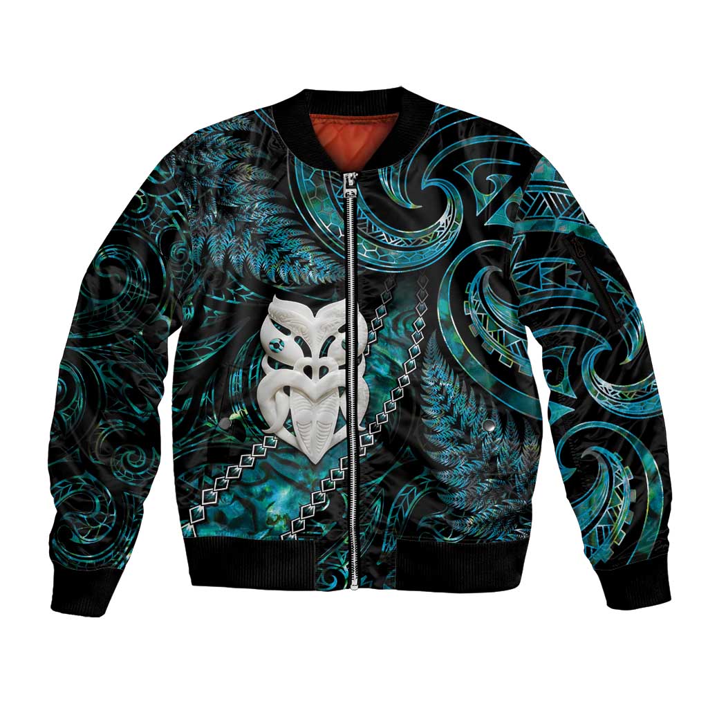 New Zealand Aotearoa Sleeve Zip Bomber Jacket Maori Wheku Paua Shell Glitter Turquoise LT05 Unisex Turquoise - Polynesian Pride