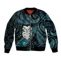 New Zealand Aotearoa Sleeve Zip Bomber Jacket Maori Wheku Paua Shell Glitter Turquoise LT05 Unisex Turquoise - Polynesian Pride
