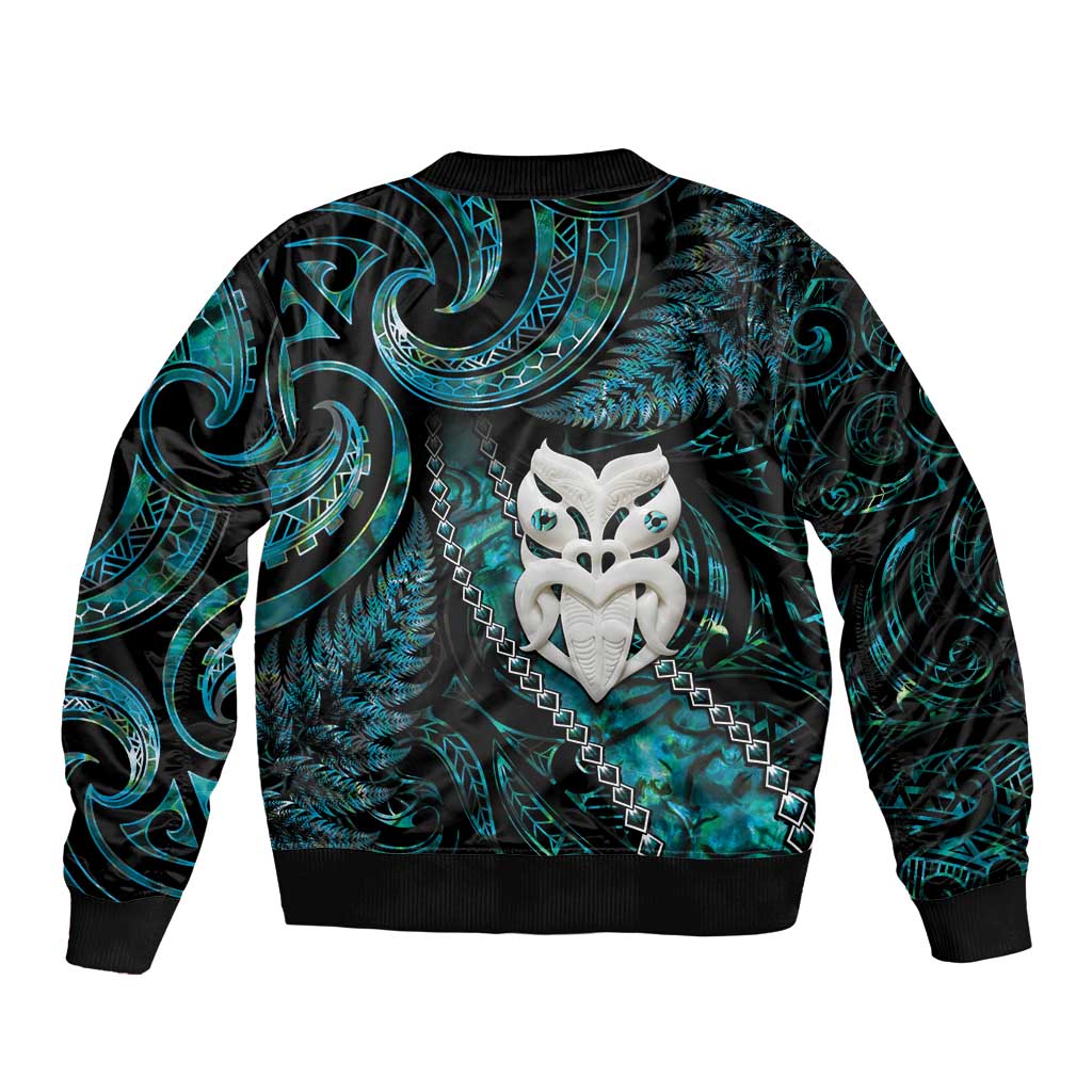 New Zealand Aotearoa Sleeve Zip Bomber Jacket Maori Wheku Paua Shell Glitter Turquoise LT05 - Polynesian Pride