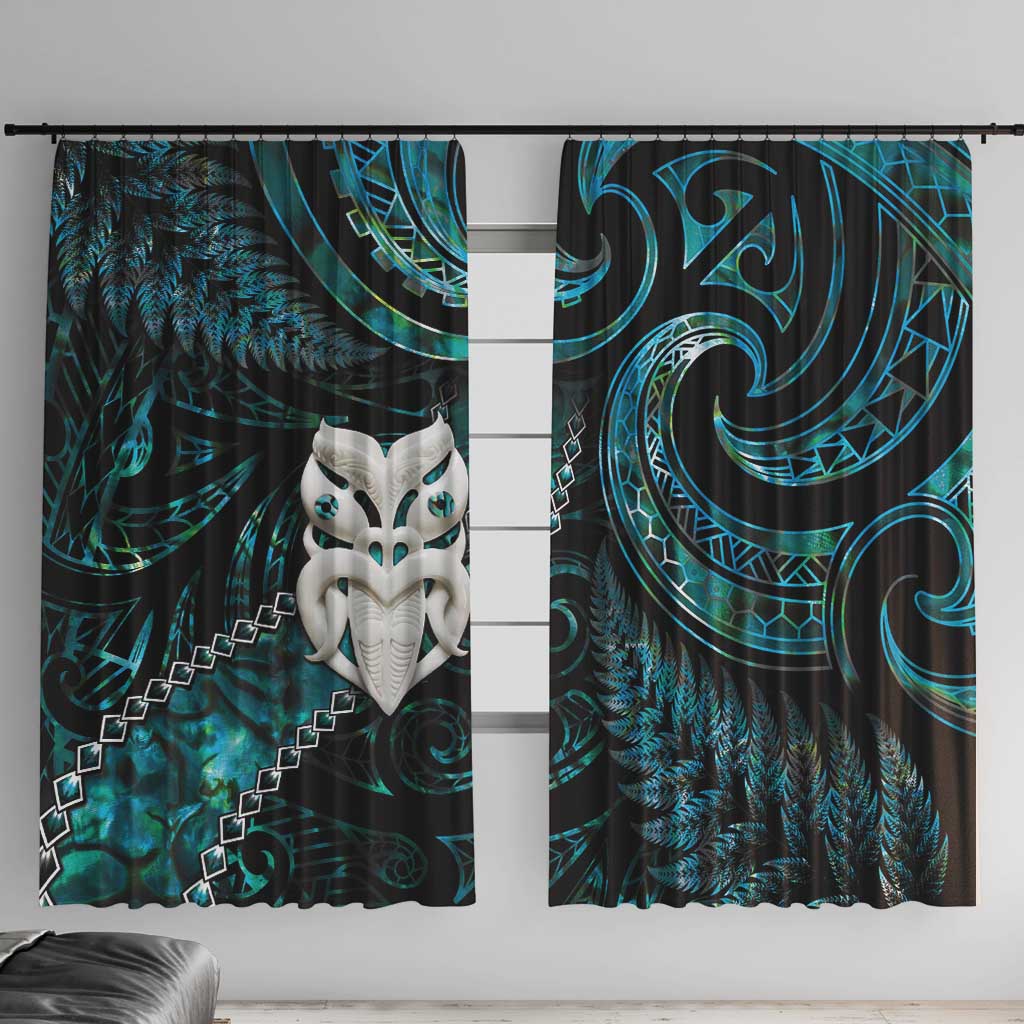 New Zealand Aotearoa Window Curtain Maori Wheku Paua Shell Glitter Turquoise LT05 With Hooks Turquoise - Polynesian Pride