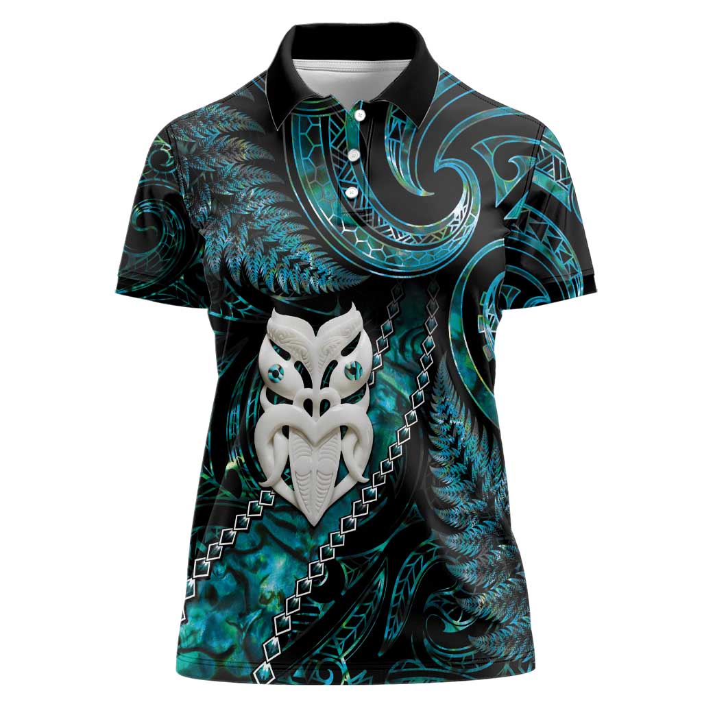 New Zealand Aotearoa Women Polo Shirt Maori Wheku Paua Shell Glitter Turquoise LT05 Female Turquoise - Polynesian Pride