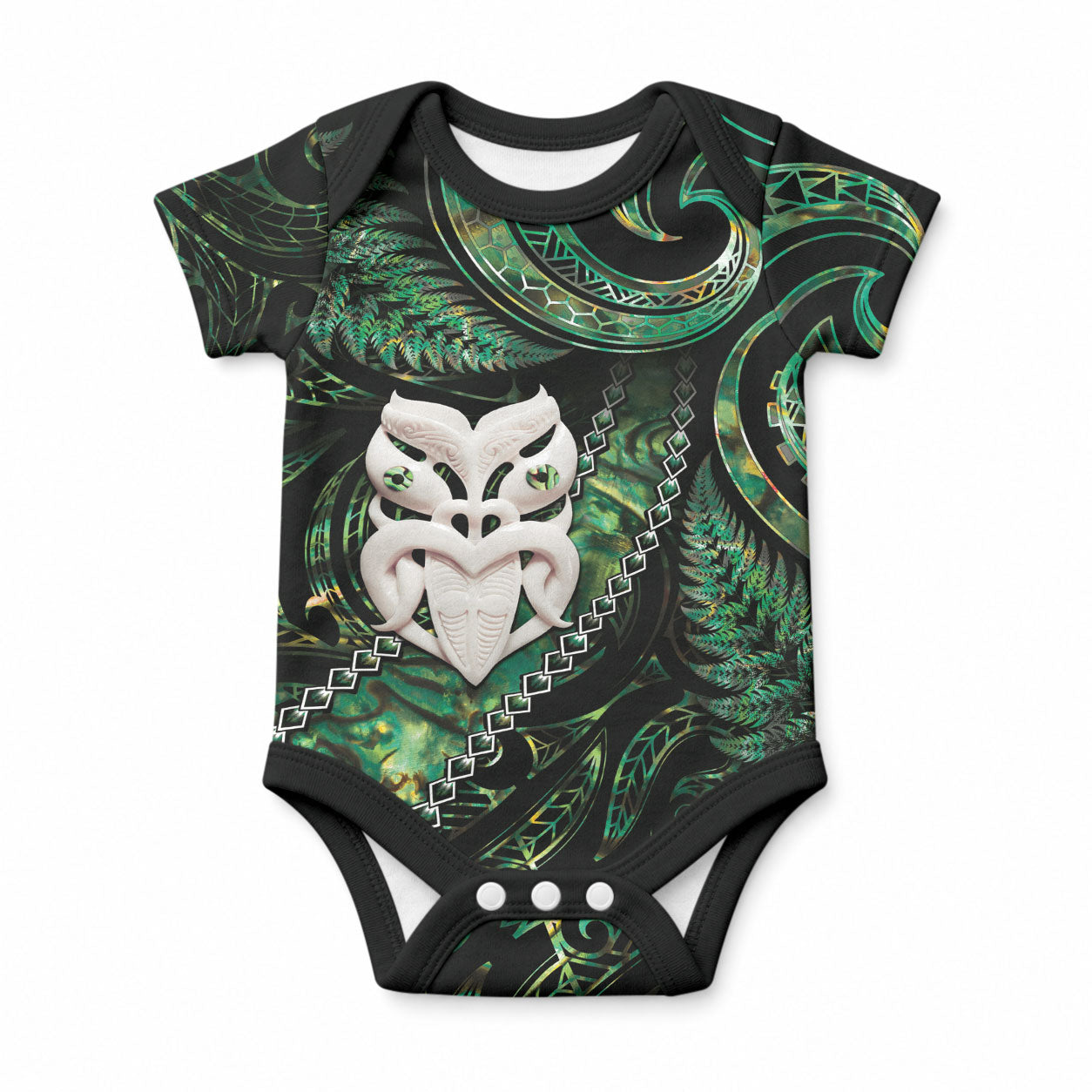 New Zealand Aotearoa Baby Onesie Maori Wheku Paua Shell Glitter Green LT05 Green - Polynesian Pride