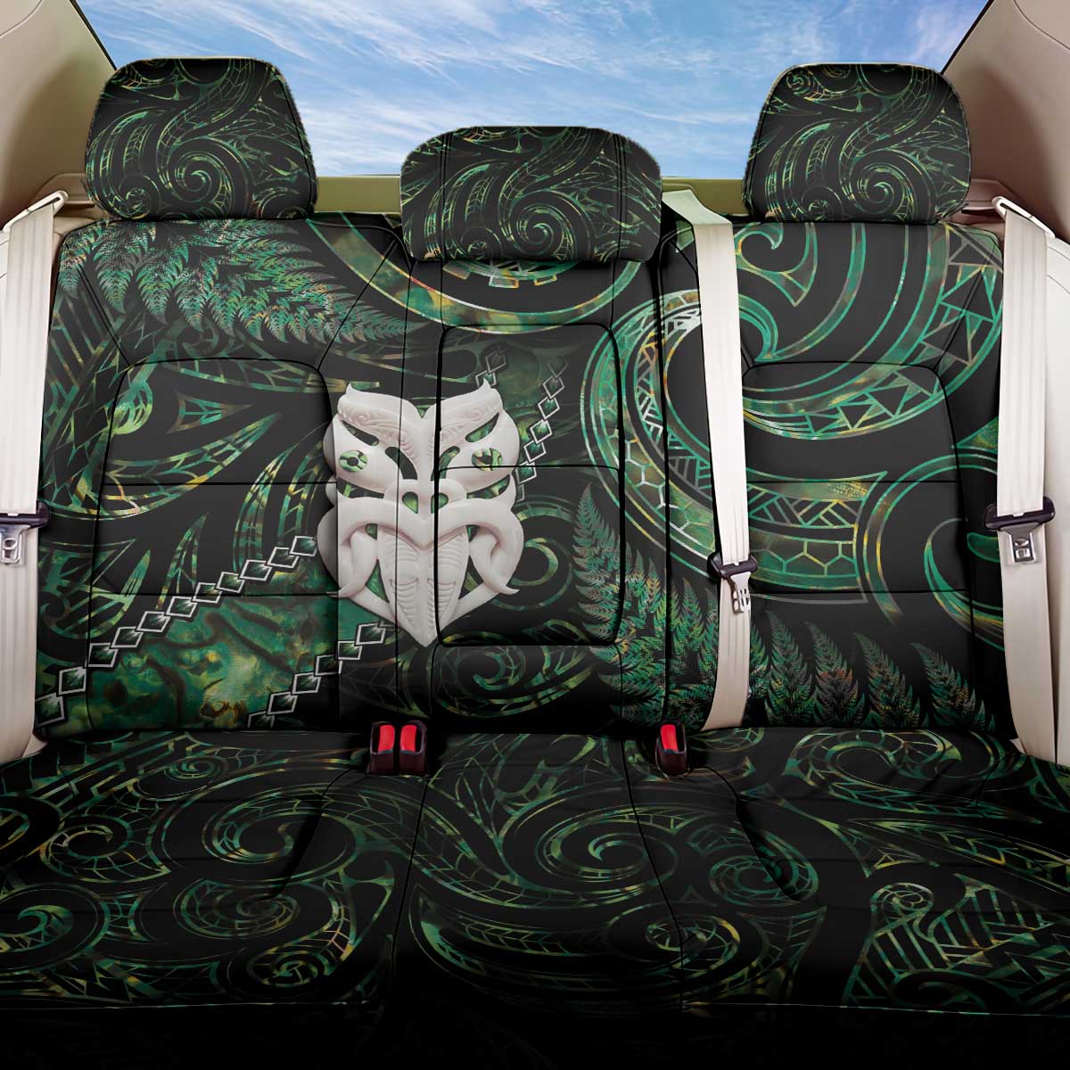 New Zealand Aotearoa Back Car Seat Cover Maori Wheku Paua Shell Glitter Green LT05 One Size Green - Polynesian Pride