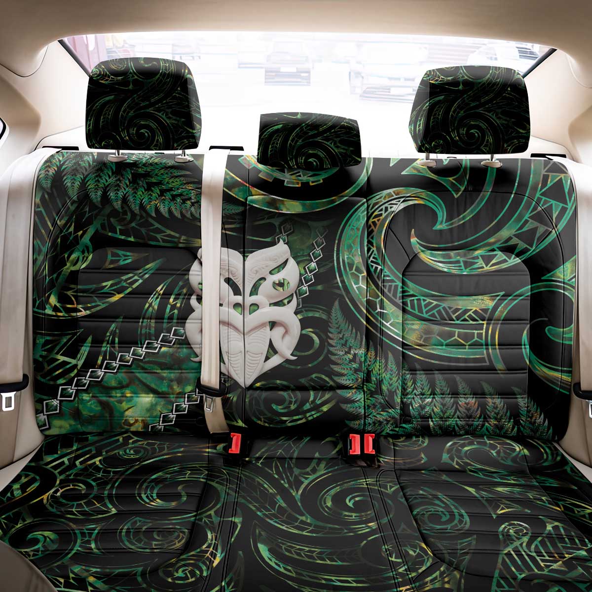 New Zealand Aotearoa Back Car Seat Cover Maori Wheku Paua Shell Glitter Green LT05 - Polynesian Pride
