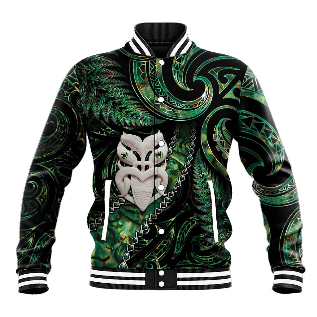 New Zealand Aotearoa Baseball Jacket Maori Wheku Paua Shell Glitter Green LT05 Unisex Green - Polynesian Pride