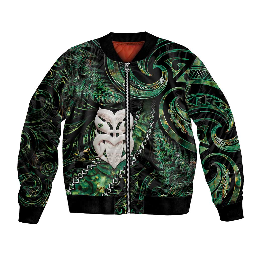 New Zealand Aotearoa Bomber Jacket Maori Wheku Paua Shell Glitter Green LT05 Unisex Green - Polynesian Pride
