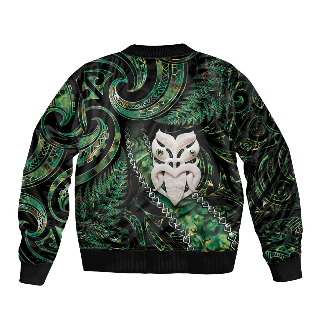 New Zealand Aotearoa Bomber Jacket Maori Wheku Paua Shell Glitter Green LT05 - Polynesian Pride