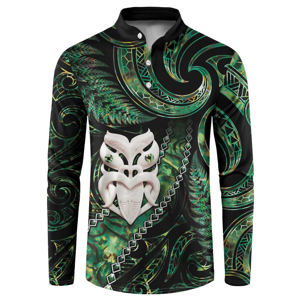 New Zealand Aotearoa Button Sweatshirt Maori Wheku Paua Shell Glitter Green LT05 Green - Polynesian Pride