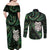 New Zealand Aotearoa Couples Matching Off Shoulder Maxi Dress and Long Sleeve Button Shirt Maori Wheku Paua Shell Glitter Green