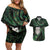 New Zealand Aotearoa Couples Matching Off Shoulder Short Dress and Hawaiian Shirt Maori Wheku Paua Shell Glitter Green