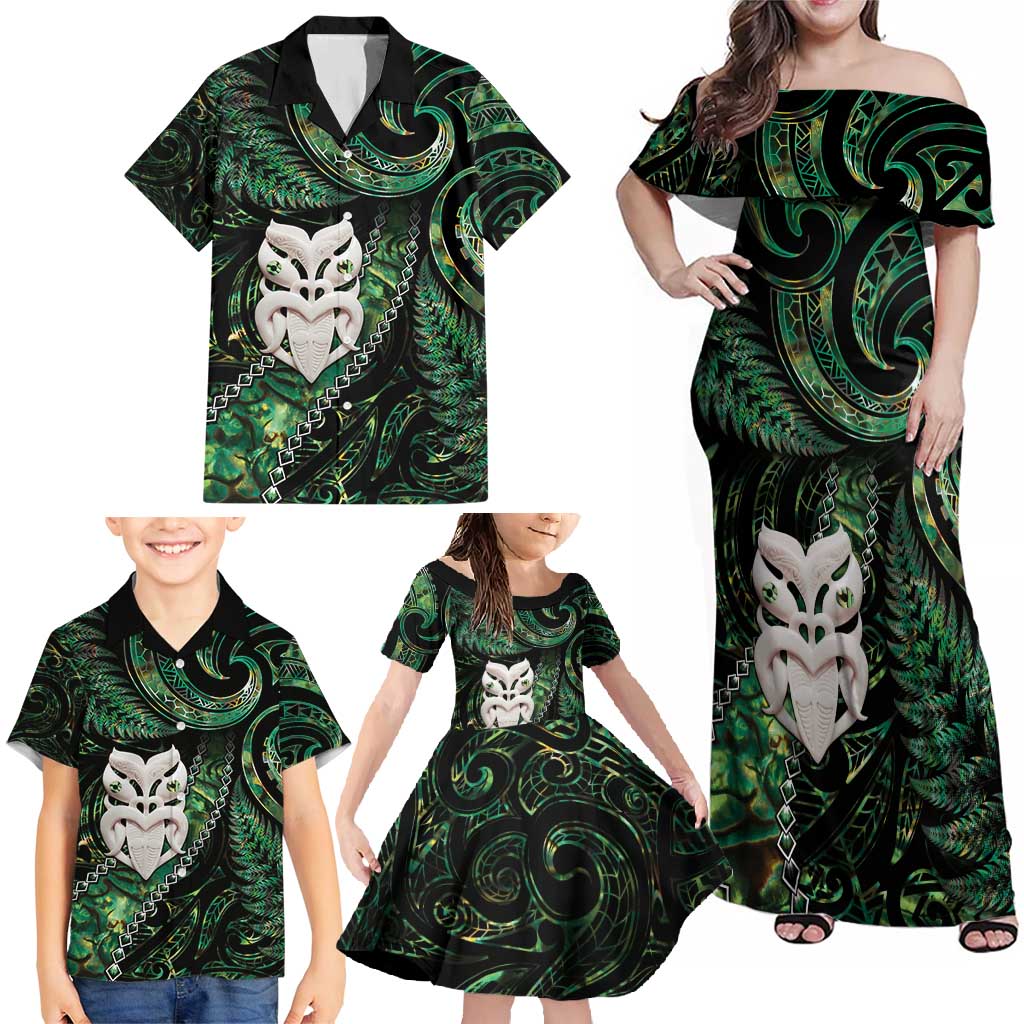 New Zealand Aotearoa Family Matching Off Shoulder Maxi Dress and Hawaiian Shirt Maori Wheku Paua Shell Glitter Green