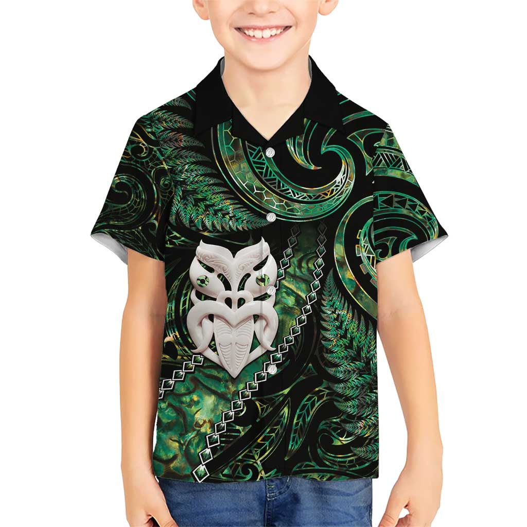 New Zealand Aotearoa Kid Hawaiian Shirt Maori Wheku Paua Shell Glitter Green LT05 Kid Green - Polynesian Pride