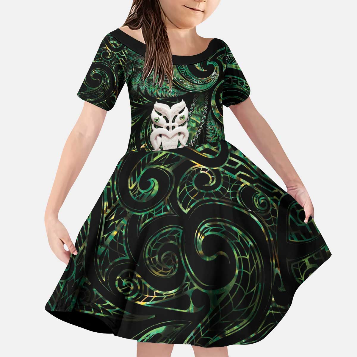 New Zealand Aotearoa Kid Short Sleeve Dress Maori Wheku Paua Shell Glitter Green LT05 KID Green - Polynesian Pride