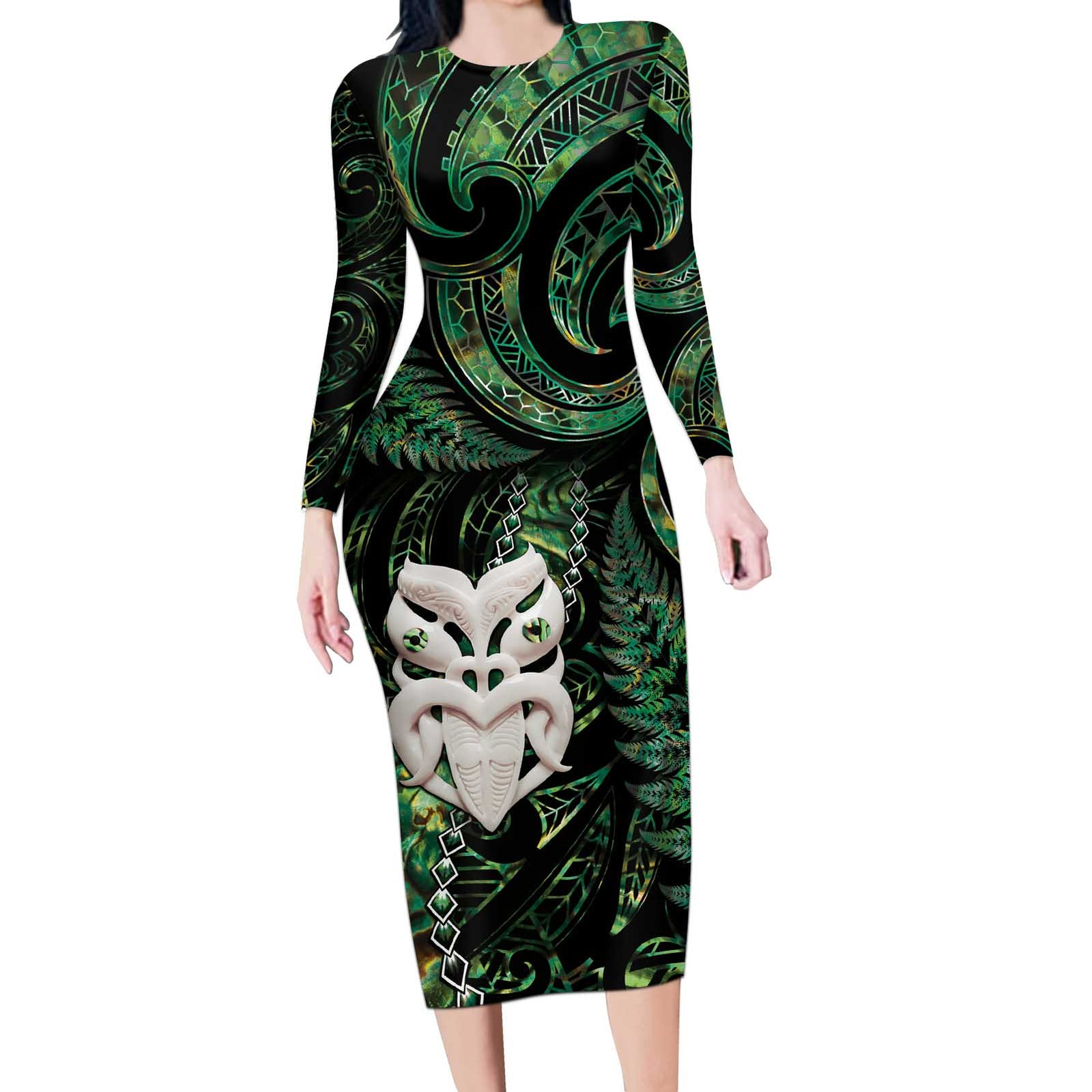 New Zealand Aotearoa Long Sleeve Bodycon Dress Maori Wheku Paua Shell Glitter Green LT05 Long Dress Green - Polynesian Pride