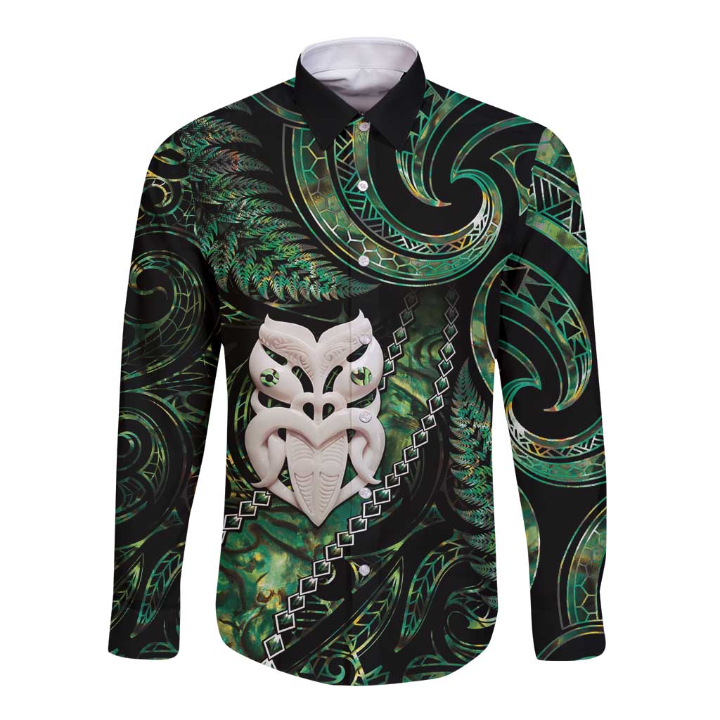New Zealand Aotearoa Long Sleeve Button Shirt Maori Wheku Paua Shell Glitter Green LT05 Unisex Green - Polynesian Pride