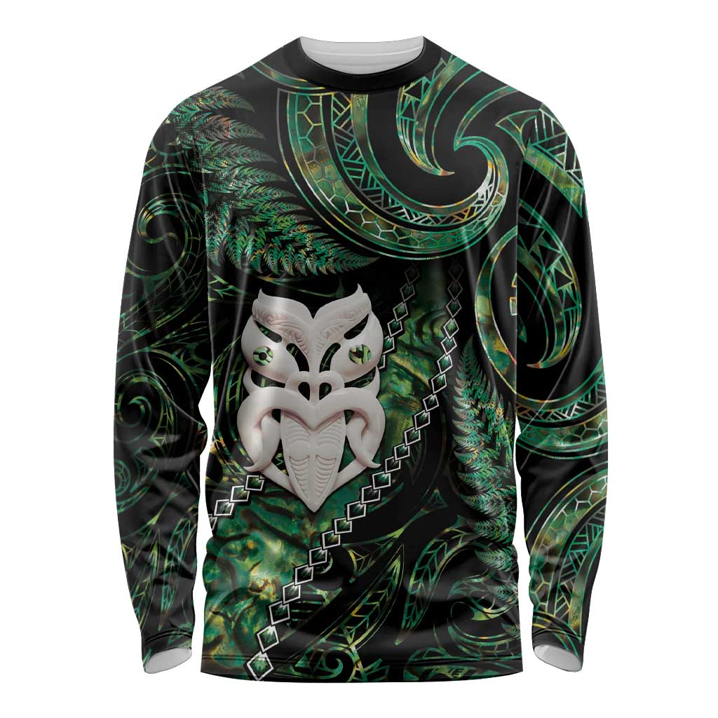 New Zealand Aotearoa Long Sleeve Shirt Maori Wheku Paua Shell Glitter Green LT05 Unisex Green - Polynesian Pride
