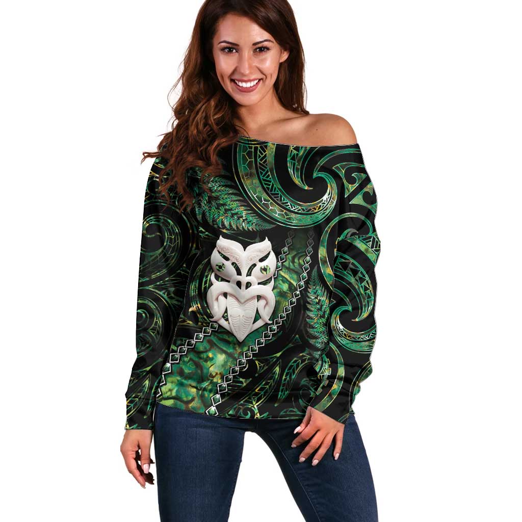 New Zealand Aotearoa Off Shoulder Sweater Maori Wheku Paua Shell Glitter Green LT05 Women Green - Polynesian Pride