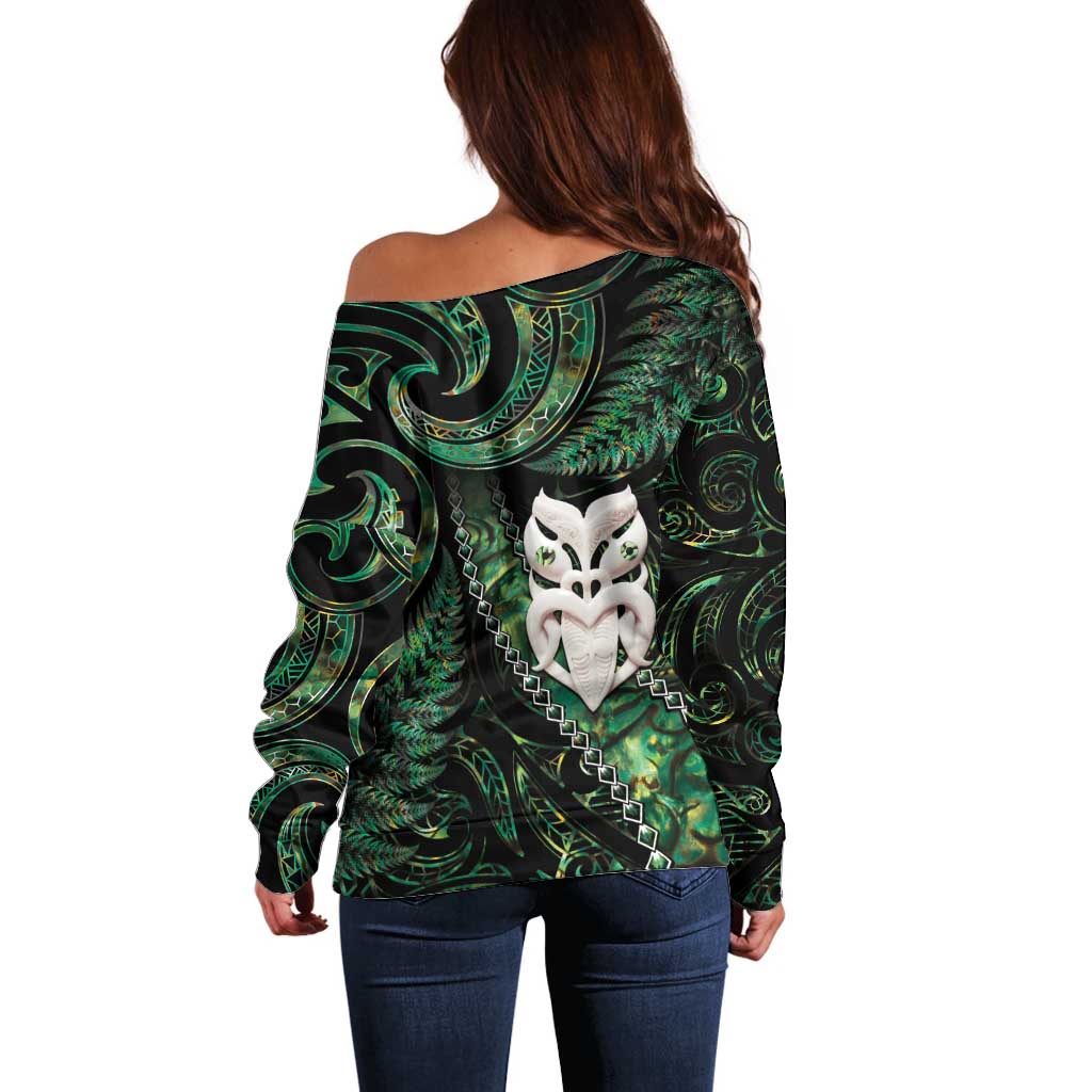 New Zealand Aotearoa Off Shoulder Sweater Maori Wheku Paua Shell Glitter Green LT05 - Polynesian Pride