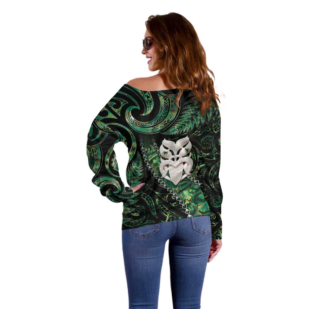 New Zealand Aotearoa Off Shoulder Sweater Maori Wheku Paua Shell Glitter Green LT05 - Polynesian Pride