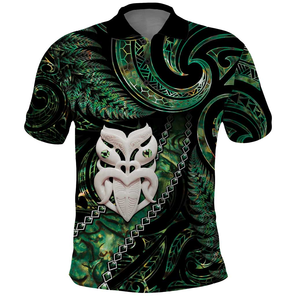 New Zealand Aotearoa Polo Shirt Maori Wheku Paua Shell Glitter Green LT05 Green - Polynesian Pride