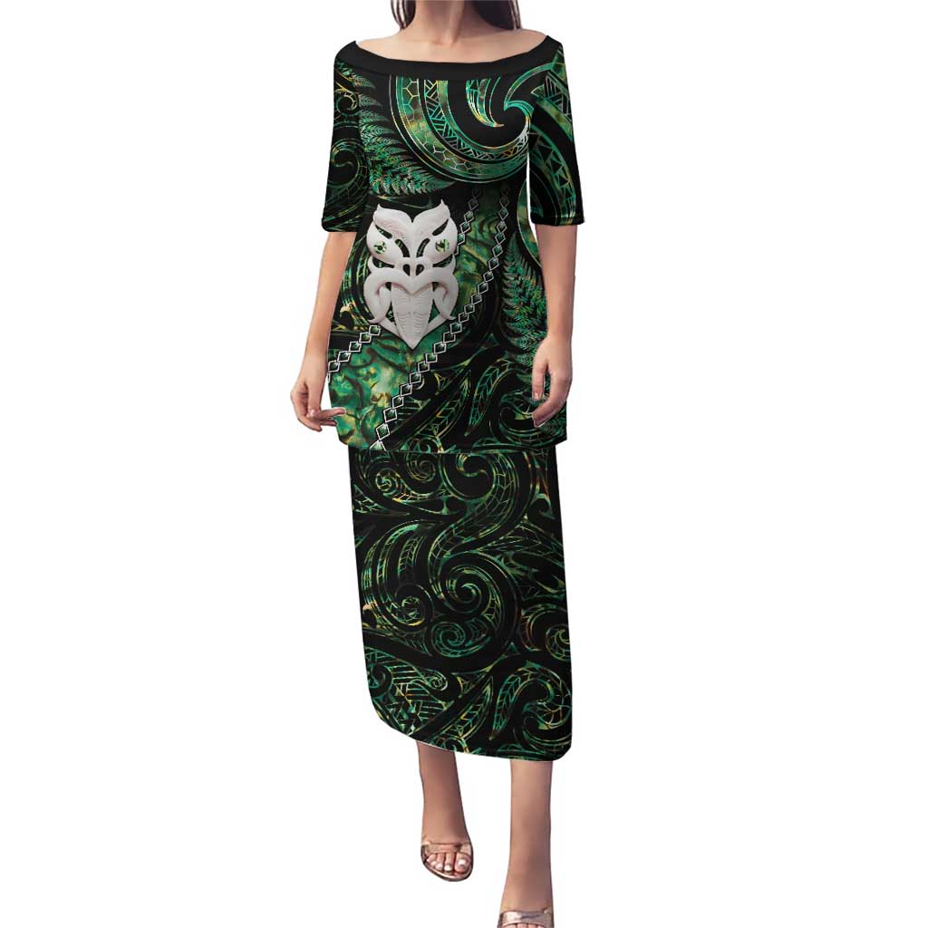 New Zealand Aotearoa Puletasi Maori Wheku Paua Shell Glitter Green LT05 Long Dress Green - Polynesian Pride