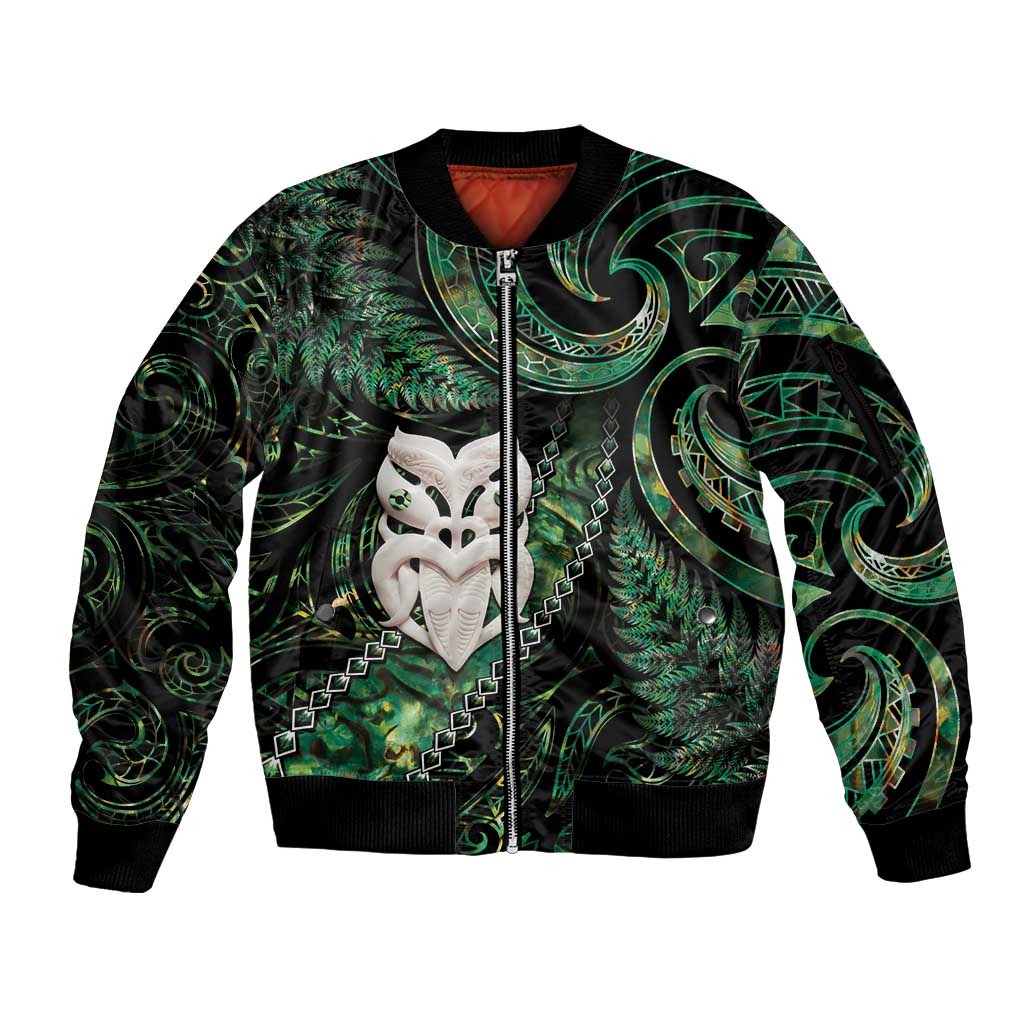New Zealand Aotearoa Sleeve Zip Bomber Jacket Maori Wheku Paua Shell Glitter Green LT05 Unisex Green - Polynesian Pride