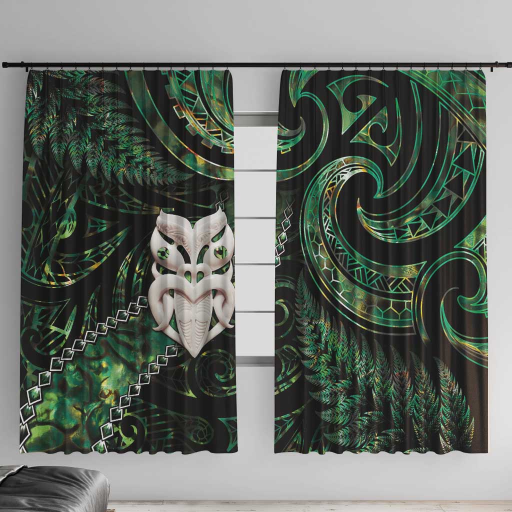 New Zealand Aotearoa Window Curtain Maori Wheku Paua Shell Glitter Green LT05 With Hooks Green - Polynesian Pride