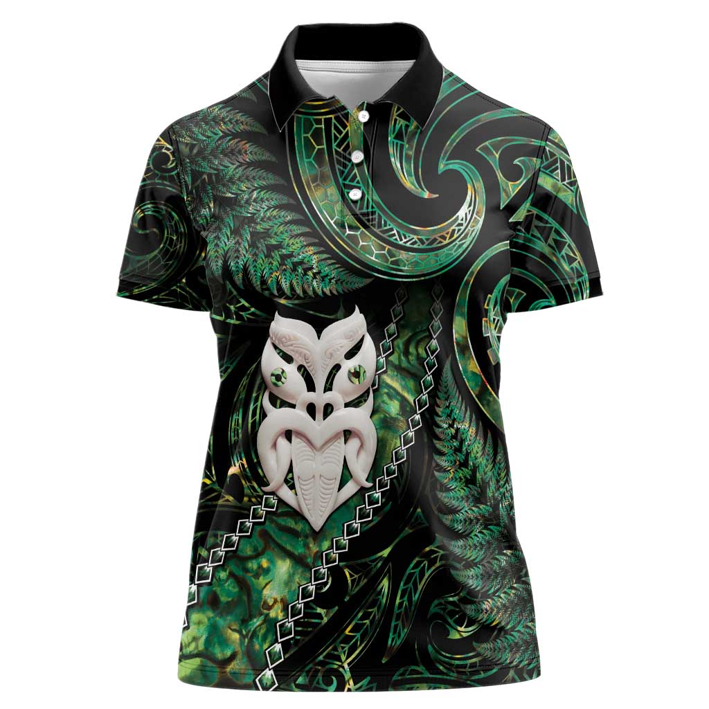 New Zealand Aotearoa Women Polo Shirt Maori Wheku Paua Shell Glitter Green LT05 Female Green - Polynesian Pride