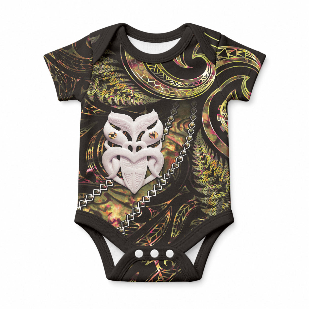 New Zealand Aotearoa Baby Onesie Maori Wheku Paua Shell Glitter Gold LT05 Gold - Polynesian Pride