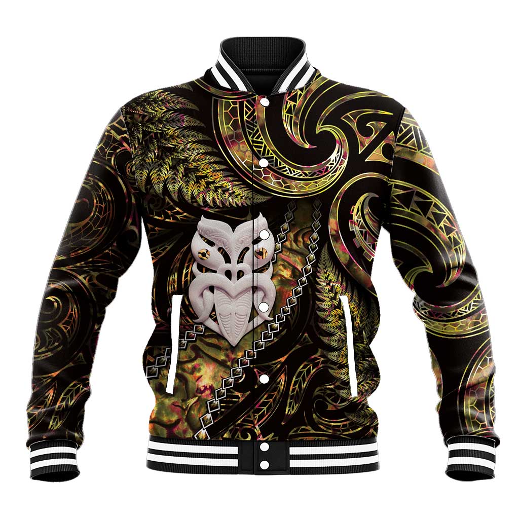 New Zealand Aotearoa Baseball Jacket Maori Wheku Paua Shell Glitter Gold LT05 Unisex Gold - Polynesian Pride