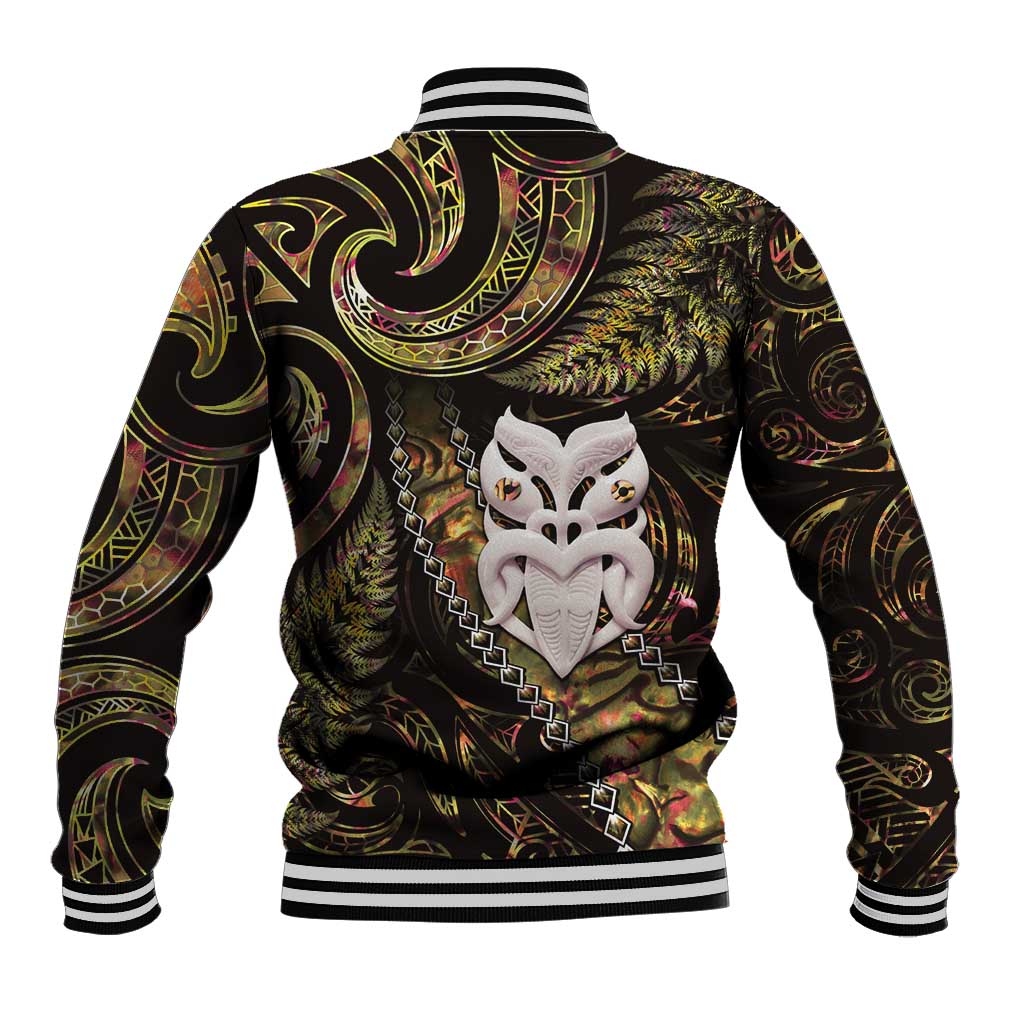 New Zealand Aotearoa Baseball Jacket Maori Wheku Paua Shell Glitter Gold LT05 - Polynesian Pride