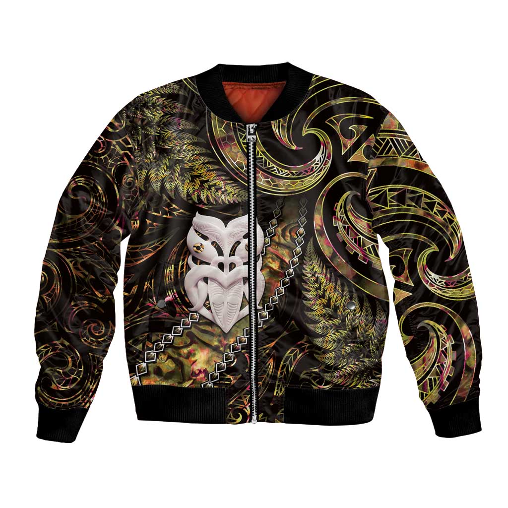 New Zealand Aotearoa Bomber Jacket Maori Wheku Paua Shell Glitter Gold LT05 Unisex Gold - Polynesian Pride